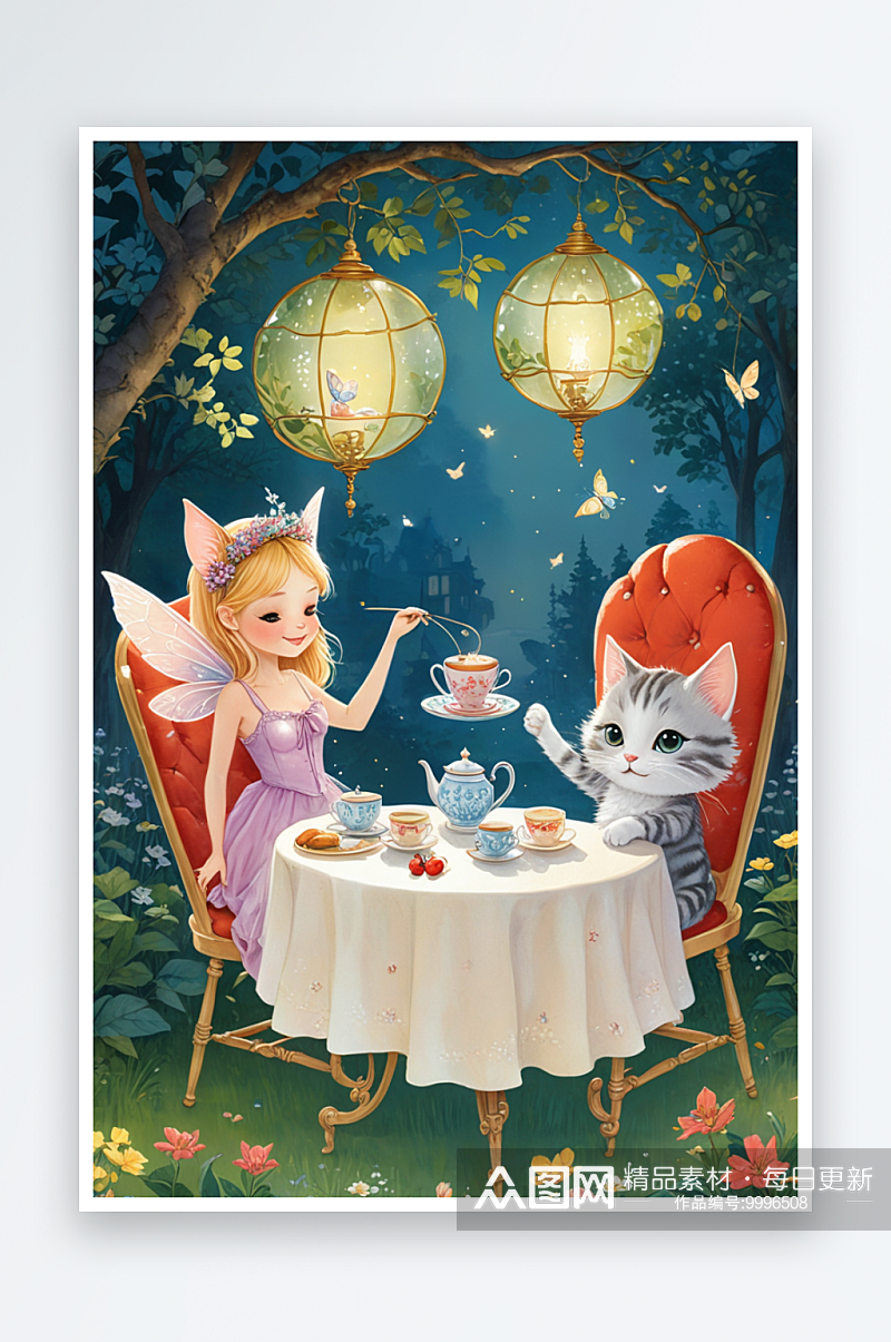 小仙女与猫咪下午茶可爱童话绘本素材