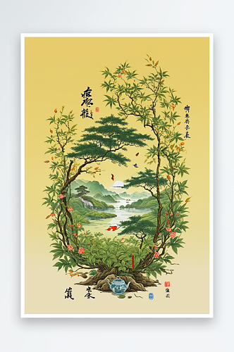 西湖龙井茶插画图片