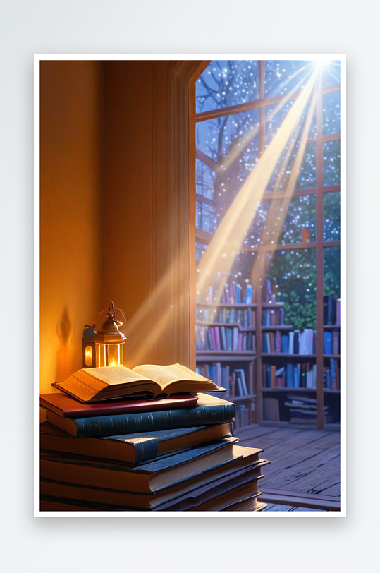 一束光照在在一摞书上和看书学习的人
