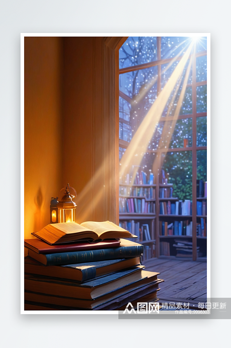 一束光照在在一摞书上和看书学习的人素材