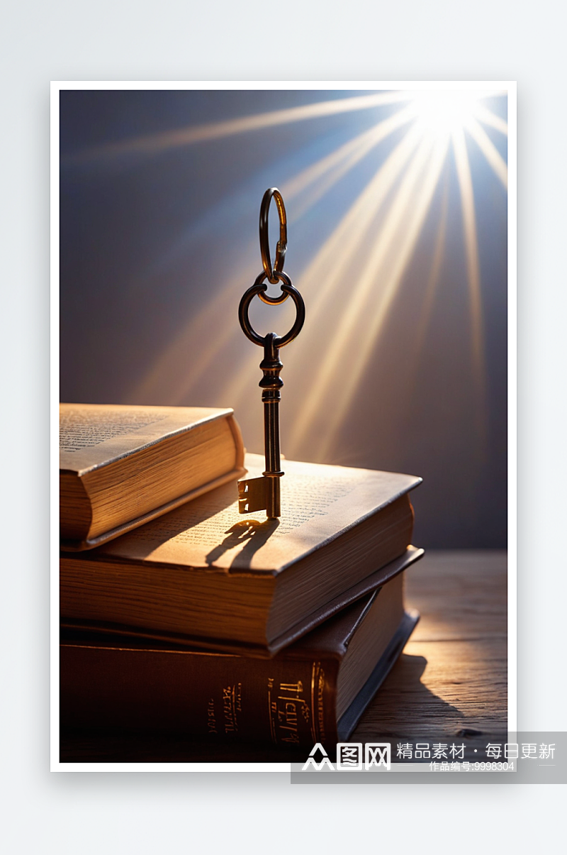 一束光照在一摞书和钥匙上素材