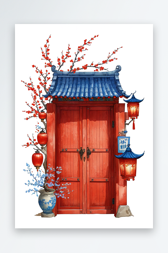 新年挂着灯笼的红色青瓦门头大门与梅花花丛