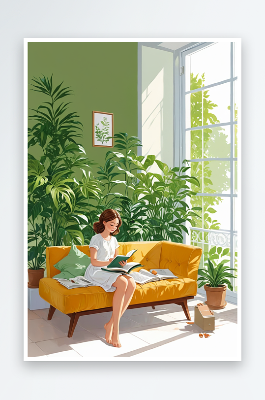 小清新治愈系一个知性女孩坐在满是绿植的阳