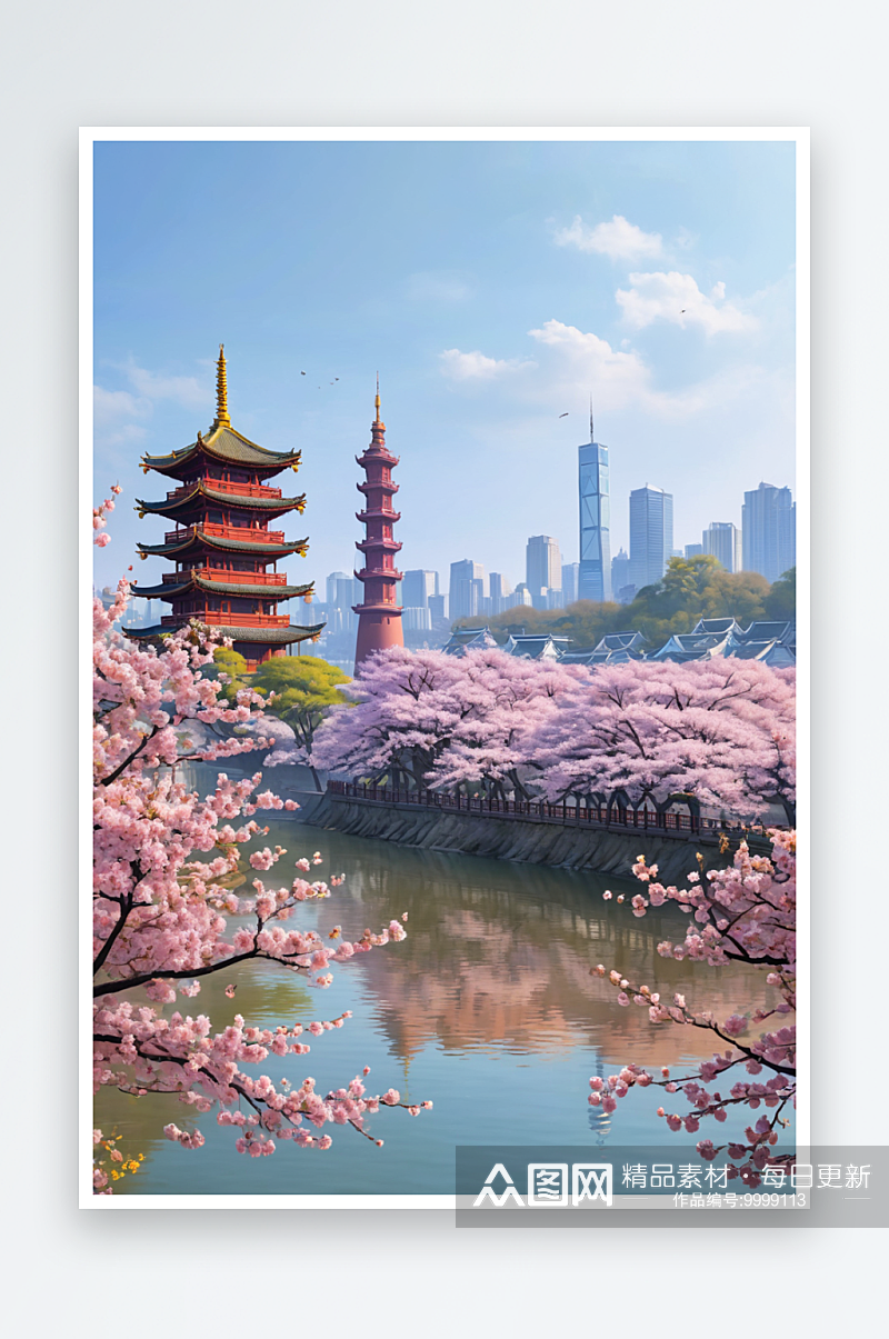 武汉市的黄鹤楼周围樱花正盛开背景素材