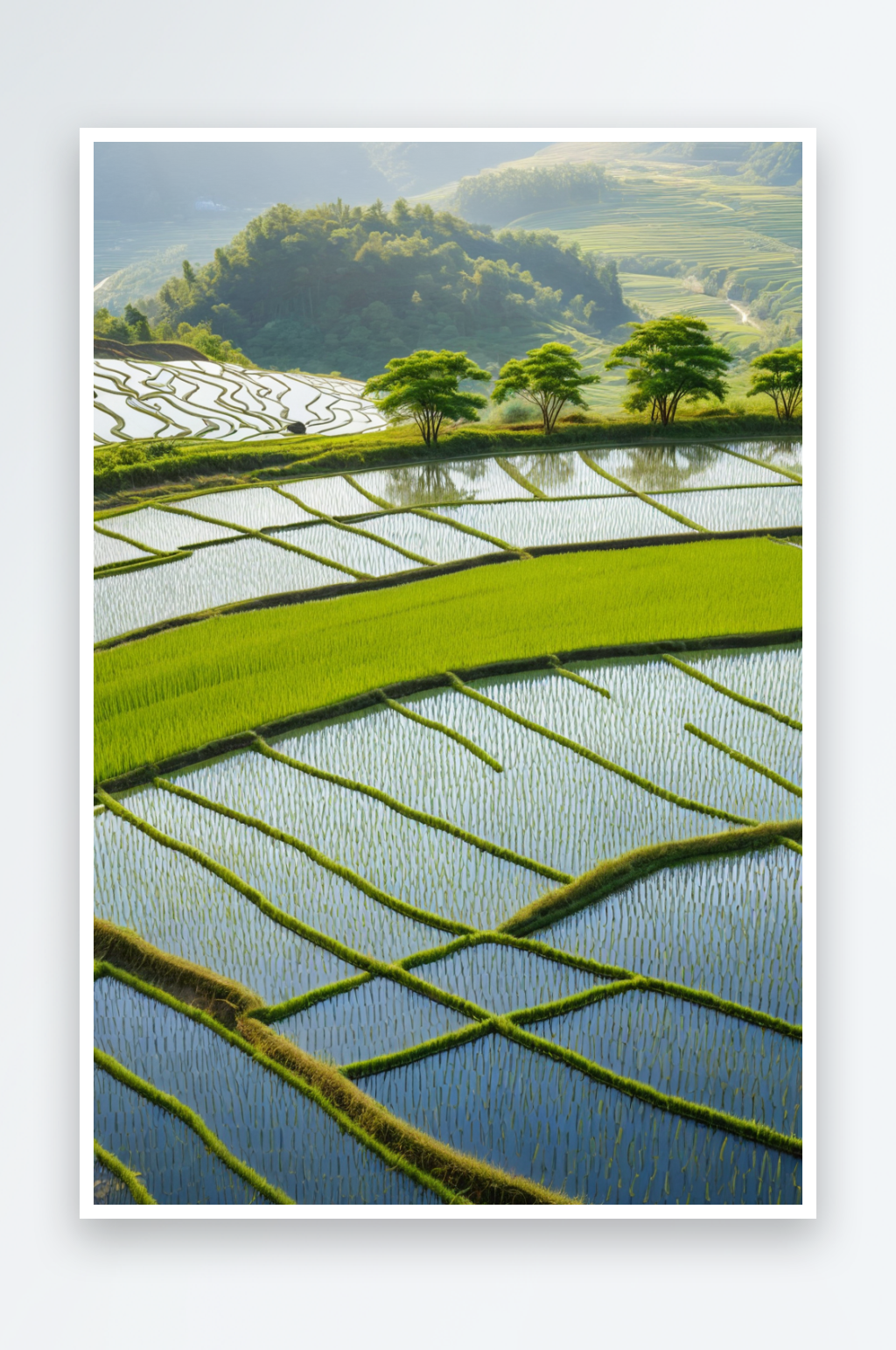 温馨治愈梯田秧水稻背景素材