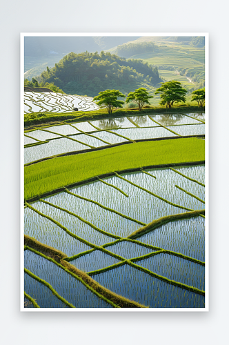 温馨治愈梯田秧水稻背景