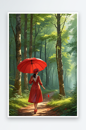 唯可爱的人物打着红伞的女子漫步林中