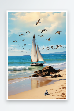 唯背景元素海滩上的帆船海鸟飞翔