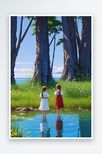 童年梦幻系列组图幅水边的两个女孩