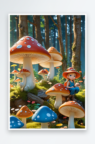 童话风蘑菇森林人物场景