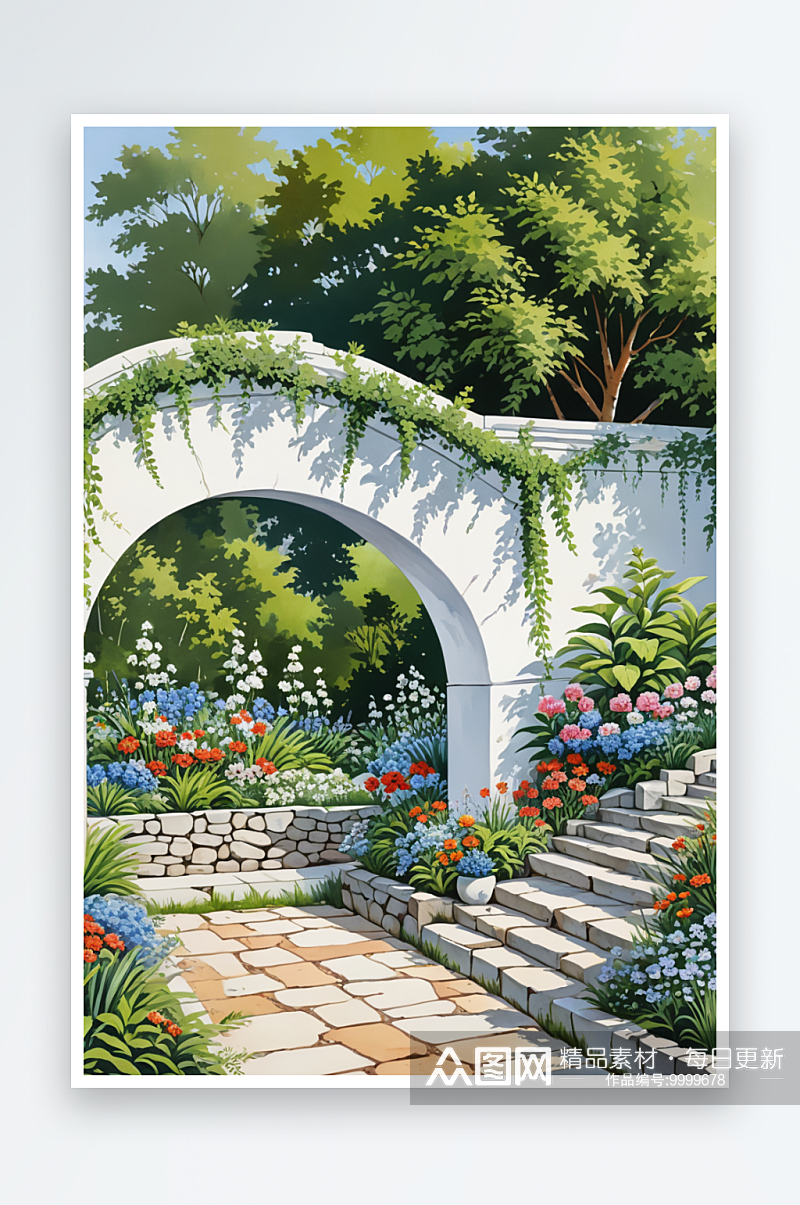 苏式园林院子中的白墙拱门假山植物手绘素材