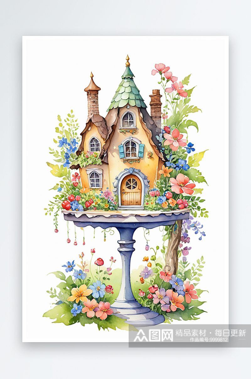 水彩童趣可爱的蛋糕花朵童话小房屋素材