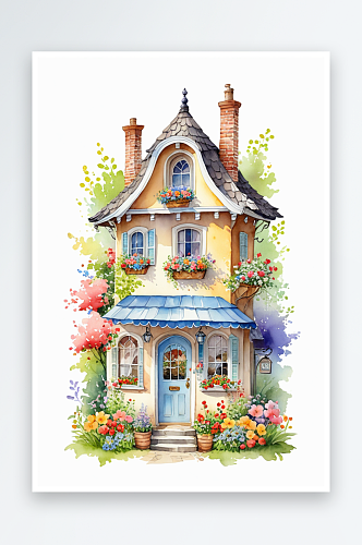水彩童趣可爱的布满鲜花的蛋糕小屋