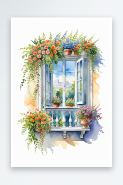 水彩手绘装饰建筑鲜花植被阳台沙发窗户外景