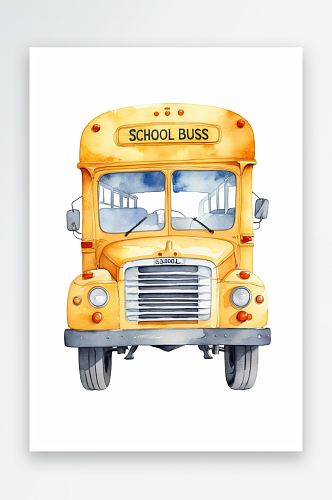 水彩明亮的交通图可爱的校车孤立在白色的背