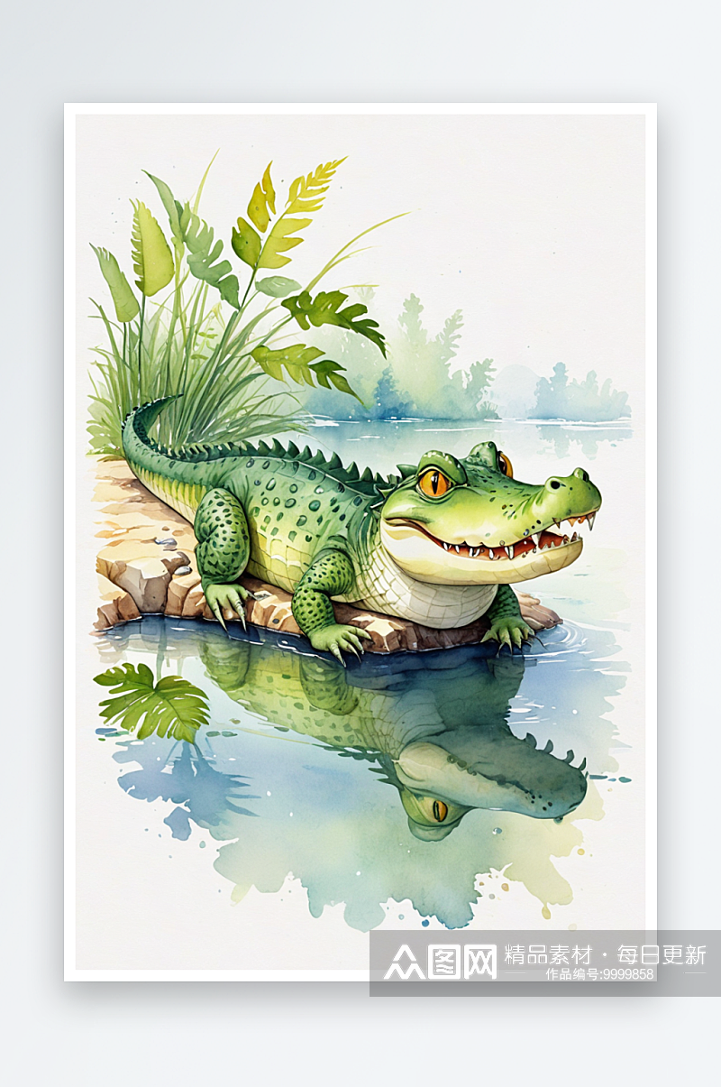 水彩可爱小鳄鱼卡通绘本素材