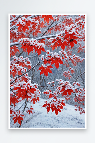 霜冻的树枝上挂满了枫叶和红色的果子
