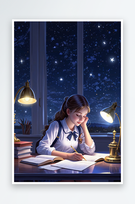 数字艺术一位女学生坐在书桌前看书台灯星光