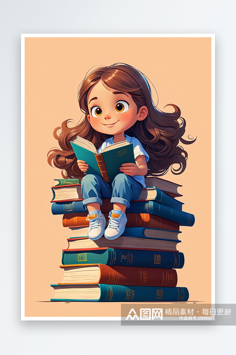 数字艺术一个孩子坐在成堆的书上看书读书节素材