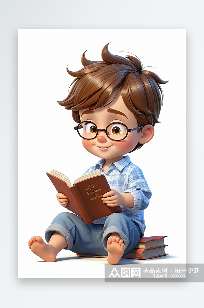 数字艺术渲染卡通人物小男孩在看书素材