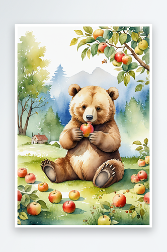 数字艺术唯手绘水彩吃苹果的熊
