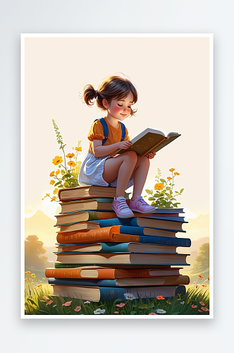数字艺术书堆上坐着一个小女孩读书看书绘本
