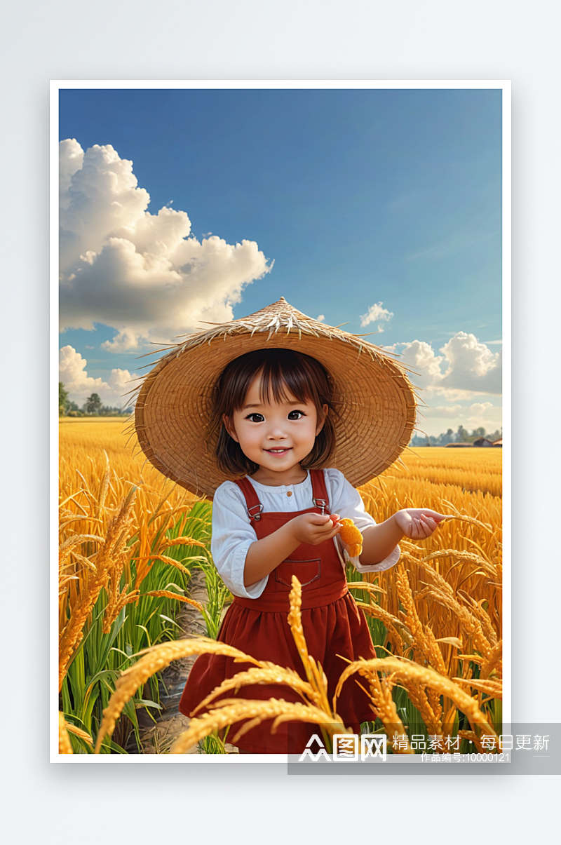数字艺术秋天可爱的小女孩在稻田里玩耍素材