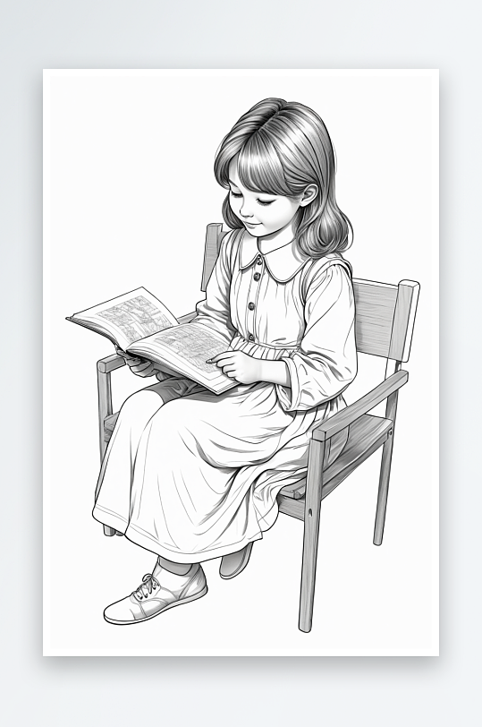 数字艺术女孩小学生坐着看书教辅线条数字艺