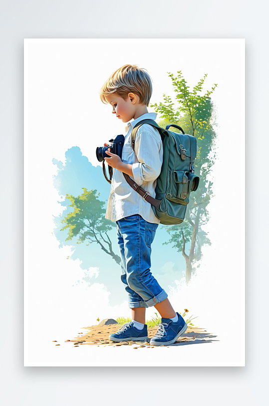 数字艺术拿着相机的小男孩户外旅行创意