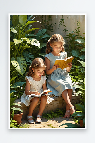 数字艺术两个小女孩坐在植物中看书竖图