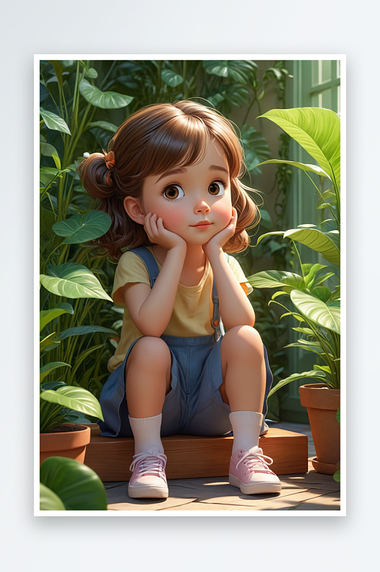 数字艺术可爱的小女孩在植物旁思考三维竖图