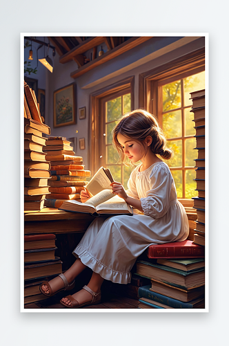 数字艺术可爱的小女孩在认真地看书阅读