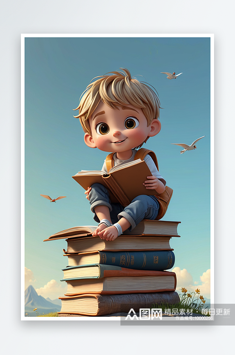 数字艺术可爱的小男孩坐在书本上开心的看书素材