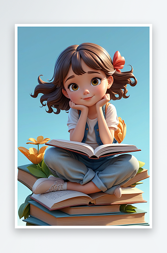 数字艺术可爱的女孩坐在书本上发呆三维卡通