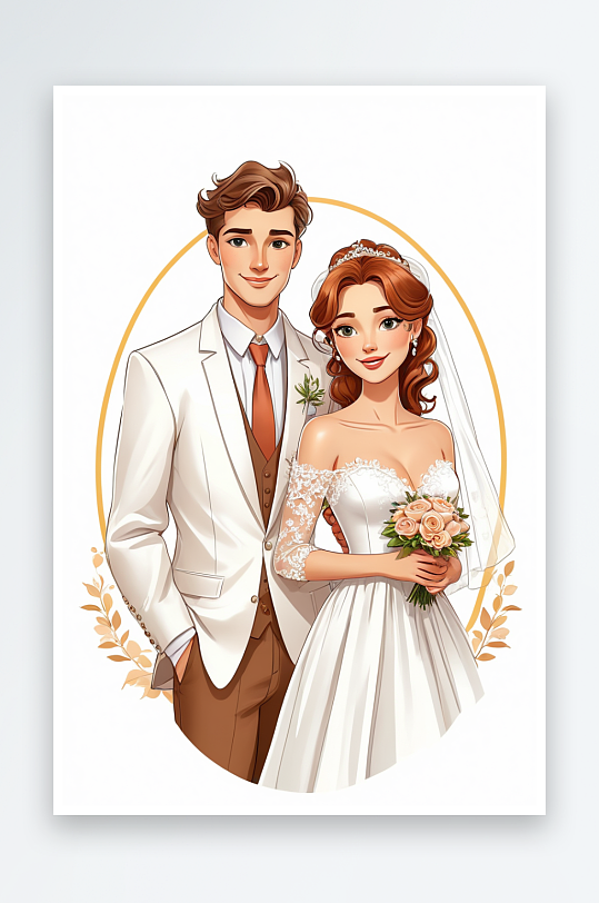 数字艺术卡通穿着结婚礼服的一对新人