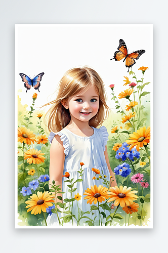数字艺术花丛中的小女孩水彩植物蝴蝶卡通花