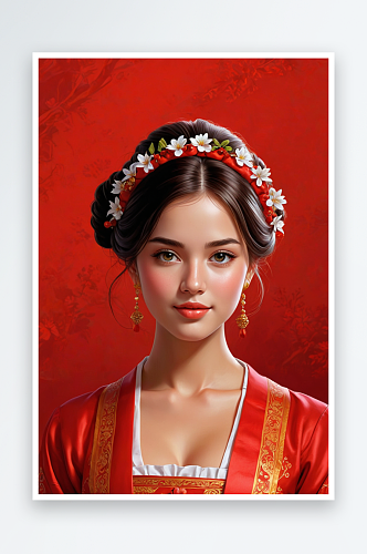 数字艺术红色背景下的传统服饰的女孩