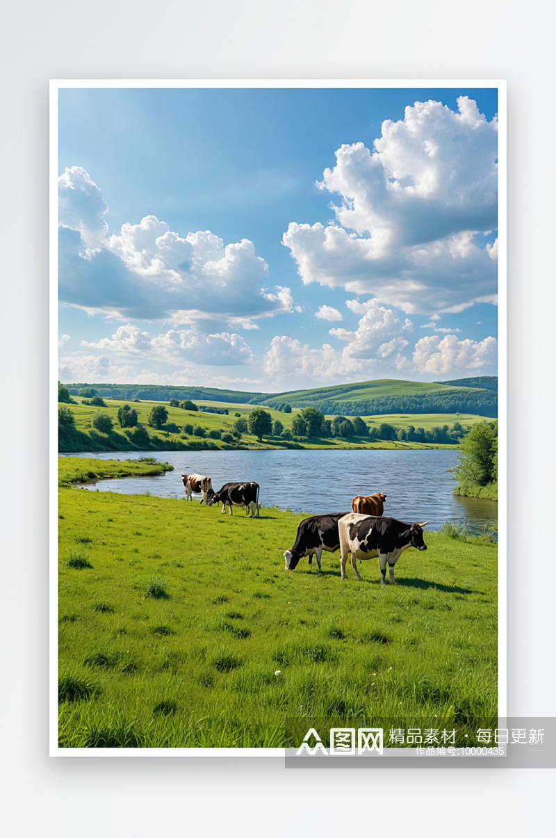 暑假河边的草原上奶牛正在吃草素材