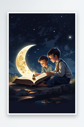书本上的月亮与提油灯的男孩