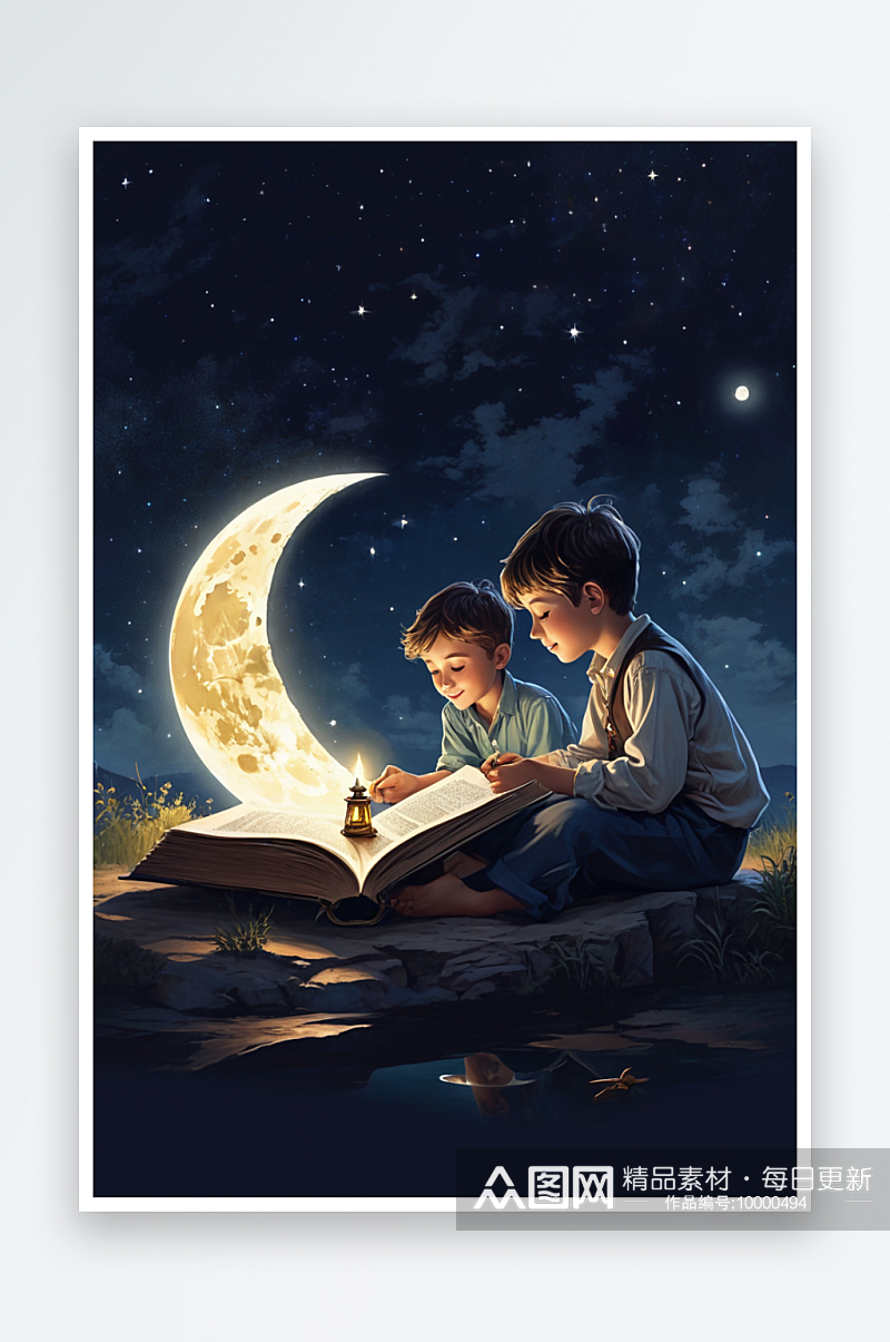 书本上的月亮与提油灯的男孩素材