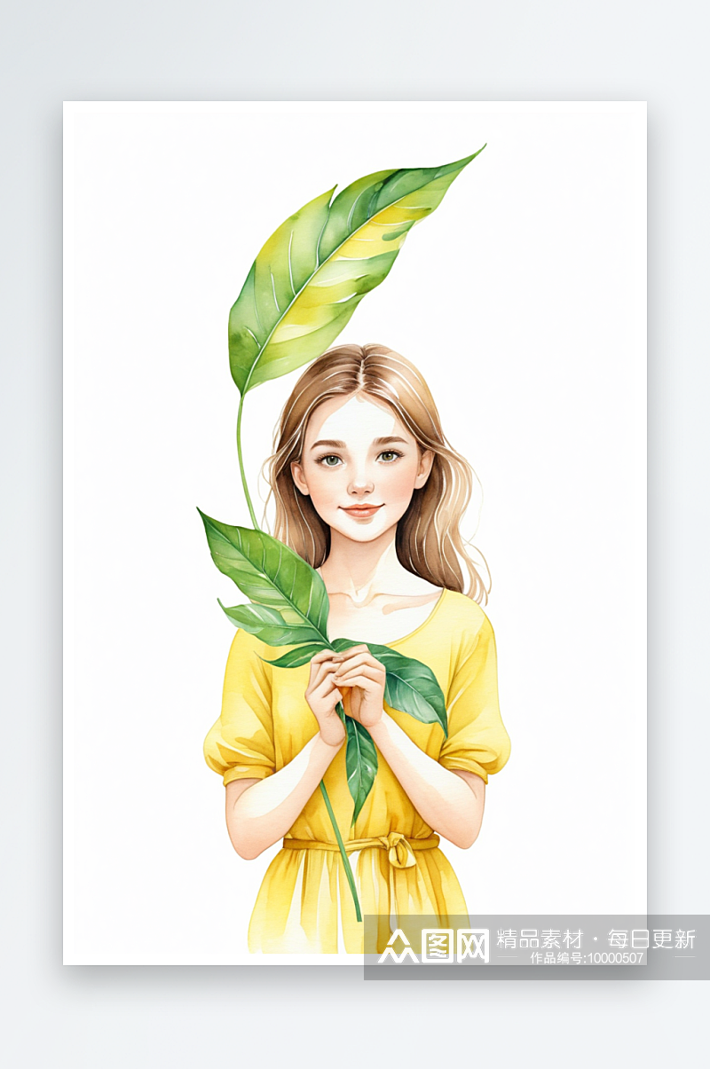手拿一片绿色大叶子的黄衣少女水彩手绘素材