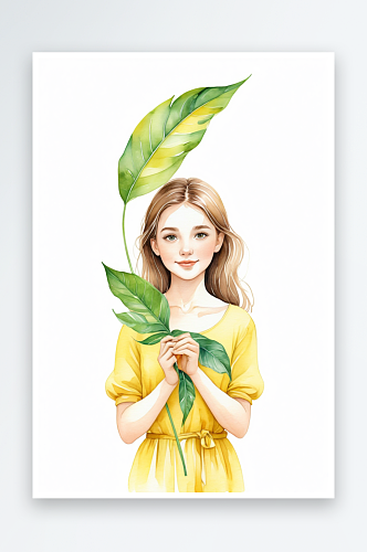 手拿一片绿色大叶子的黄衣少女水彩手绘