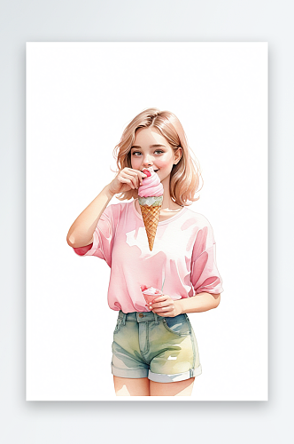 手拿冰淇淋粉色上衣的少女水彩手绘