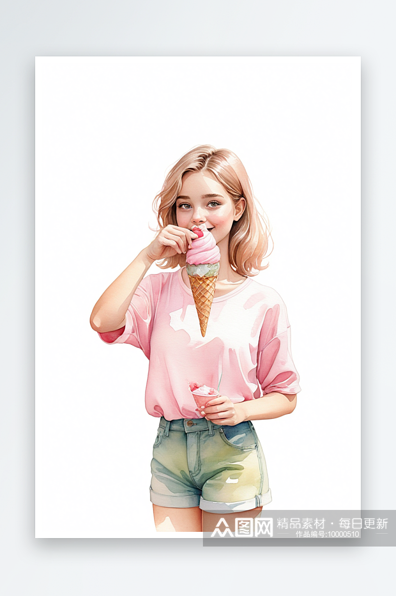 手拿冰淇淋粉色上衣的少女水彩手绘素材