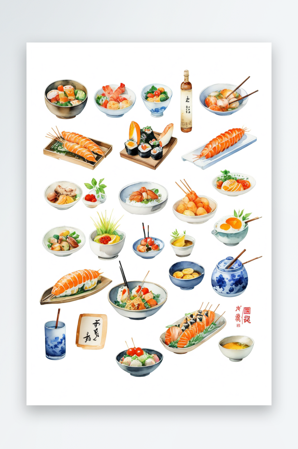 手绘水彩手账速写日本食合集素材
