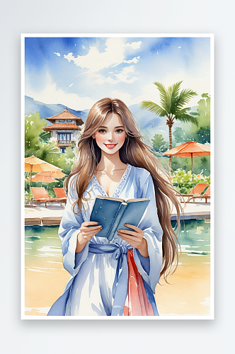 手绘水彩人物度假村拿着笔本的长头发女