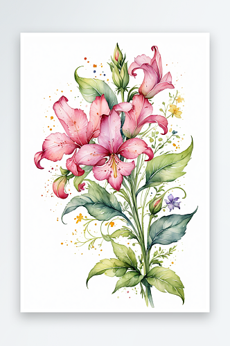 手绘水彩花卉盛开的粉色百合花