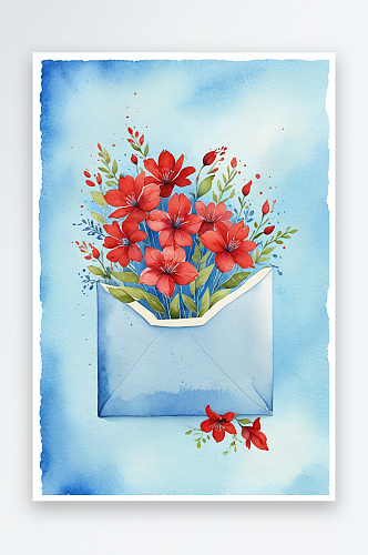 手工水彩风格的图一个开放的纸信封红色的花