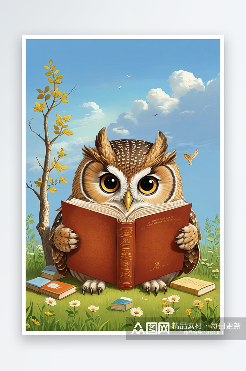 认真看书的猫头鹰萌趣可爱的动物儿童素材