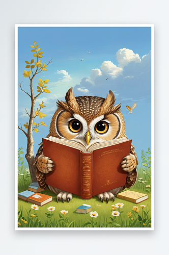 认真看书的猫头鹰萌趣可爱的动物儿童